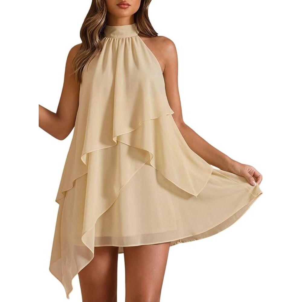 Cream Halter Mini Dress Ruffle Flowy Backless Bow Tie Wedding Guest